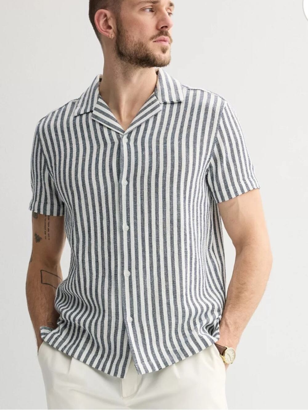 Free Planet Short-Sleeve Vertical Stripe Camp Shirt - White & Navy